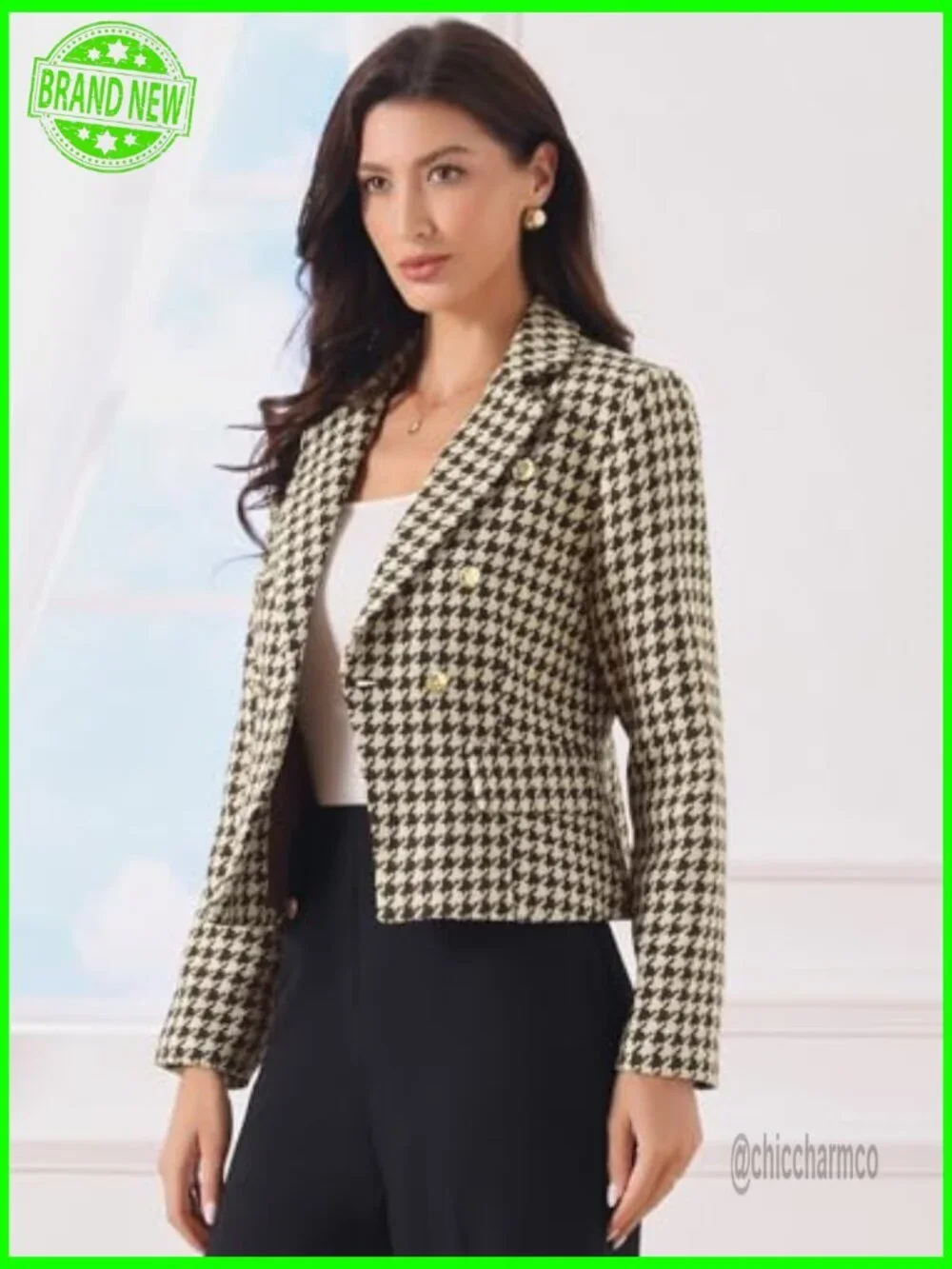 Cropped Houndstooth Blazer Notch Lapel Long Sleeve Button Down Work Jacket
